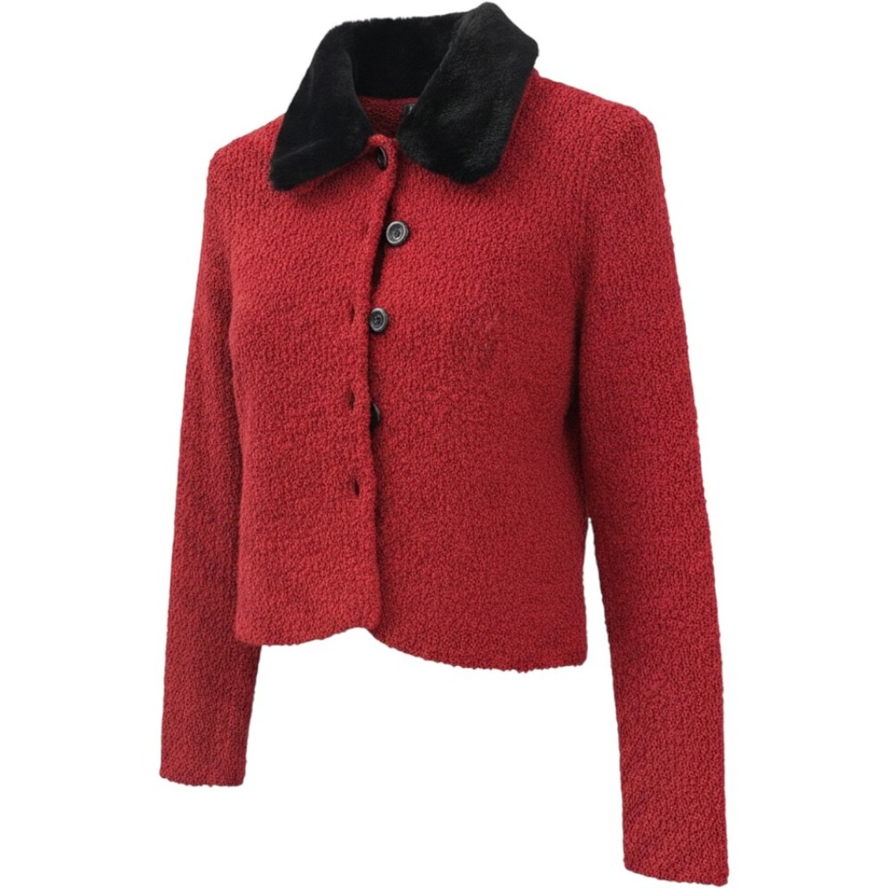 Harolds Vintage Red Wool Blend Knit Cardigan Jacket Faux Fur Collar Womens Small